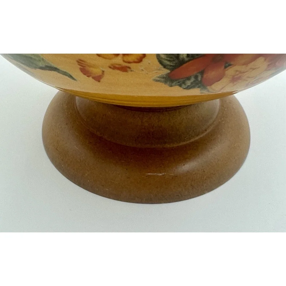 FTD Vintage Floral Ceramic Bowl With Wood‎ Pedestal Yellow & Red Retro 1970's